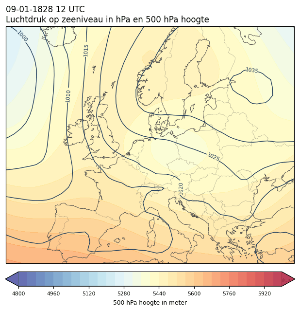 Weerkaart van 9 januari 1828 om 12 UTC