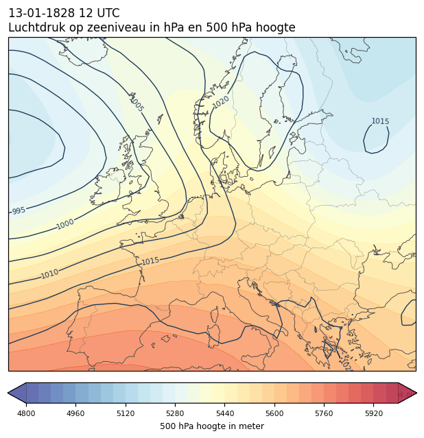 Weerkaart van 13 januari 1828 om 12 UTC