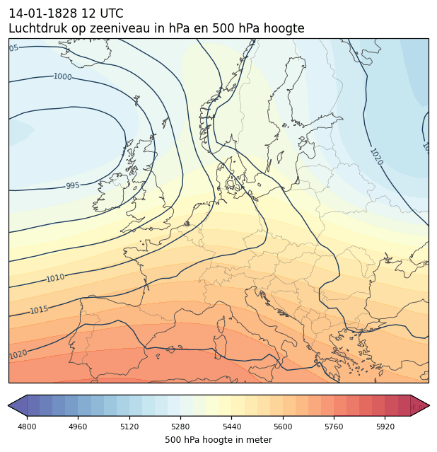 Weerkaart van 14 januari 1828 om 12 UTC