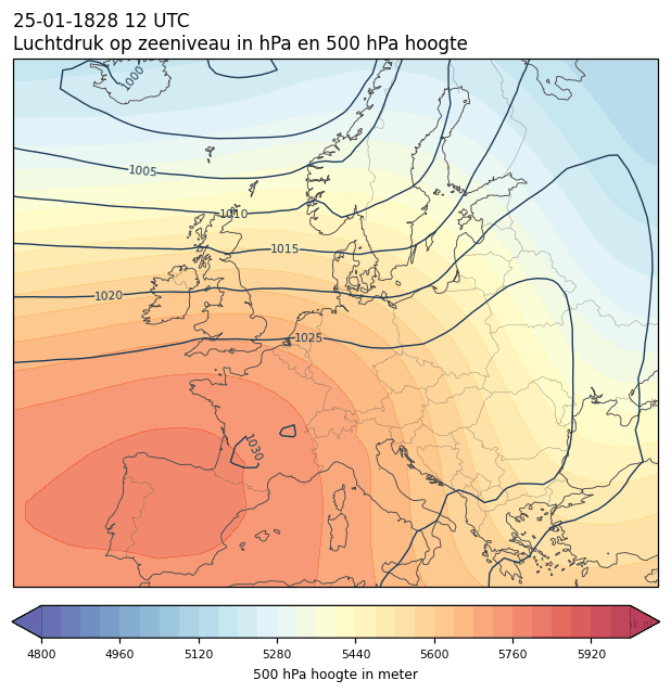 Weerkaart van 25 januari 1828 om 12 UTC