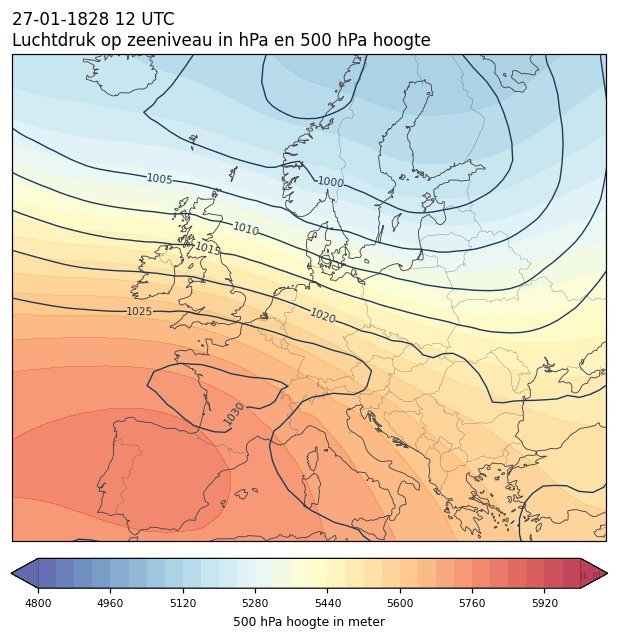Weerkaart van 27 januari 1828 om 12 UTC