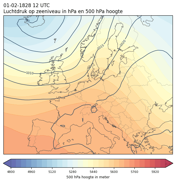 Weerkaart van 1 februari 1828 om 12 UTC