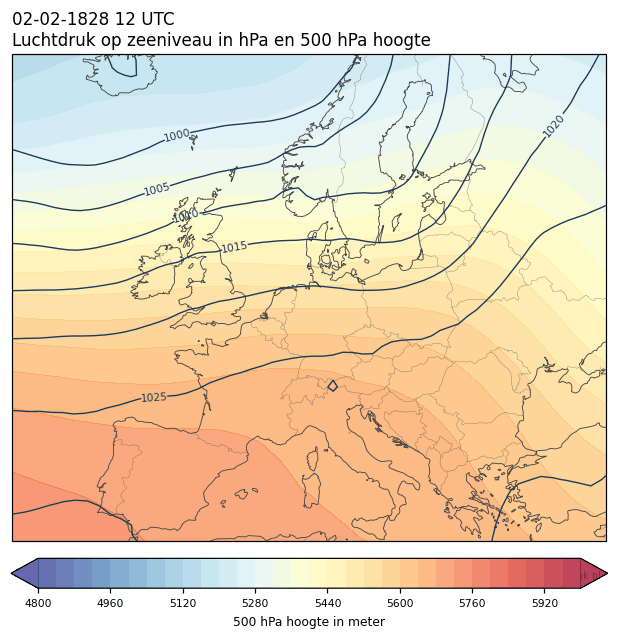 Weerkaart van 2 februari 1828 om 12 UTC