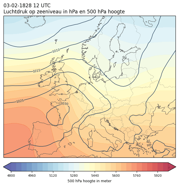 Weerkaart van 3 februari 1828 om 12 UTC