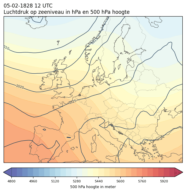 Weerkaart van 5 februari 1828 om 12 UTC