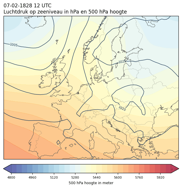 Weerkaart van 7 februari 1828 om 12 UTC
