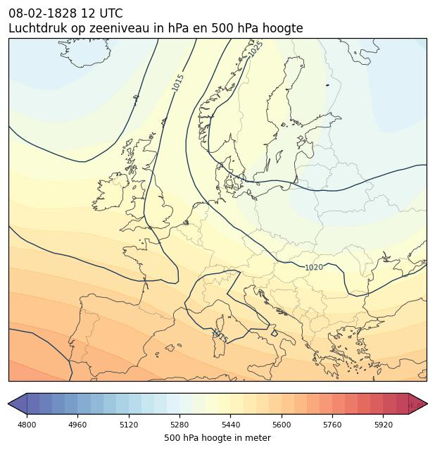 Weerkaart van 8 februari 1828 om 12 UTC