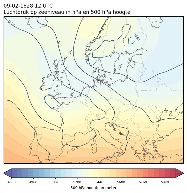 Weerkaart van 9 februari 1828 om 12 UTC
