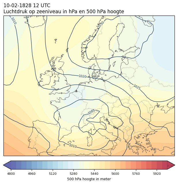 Weerkaart van 10 februari 1828 om 12 UTC