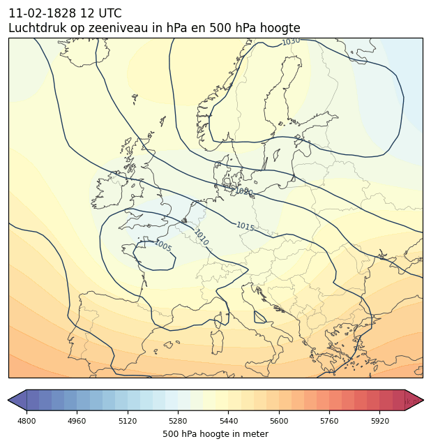 Weerkaart van 11 februari 1828 om 12 UTC