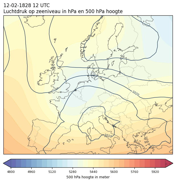Weerkaart van 12 februari 1828 om 12 UTC