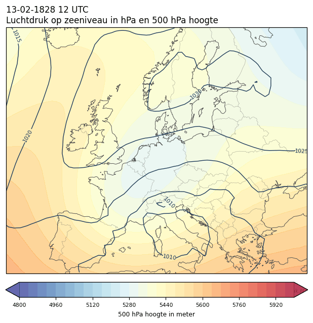 Weerkaart van 13 februari 1828 om 12 UTC