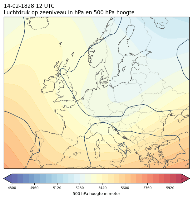Weerkaart van 14 februari 1828 om 12 UTC