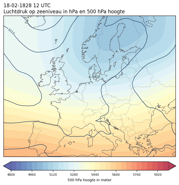 Weerkaart van 18 februari 1828 om 12 UTC