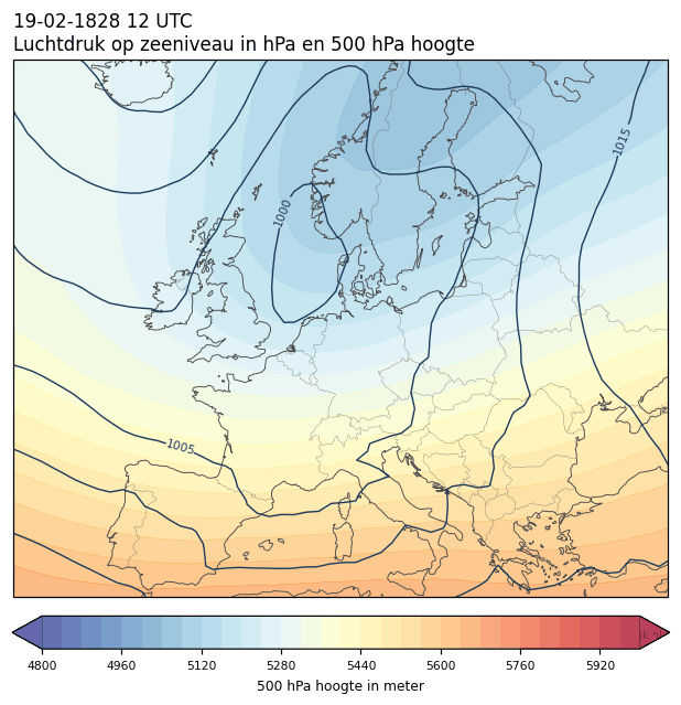 Weerkaart van 19 februari 1828 om 12 UTC