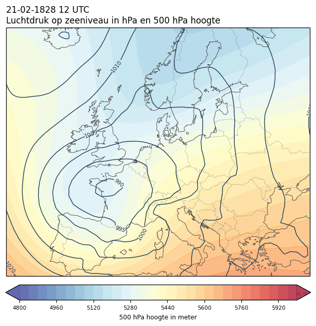 Weerkaart van 21 februari 1828 om 12 UTC