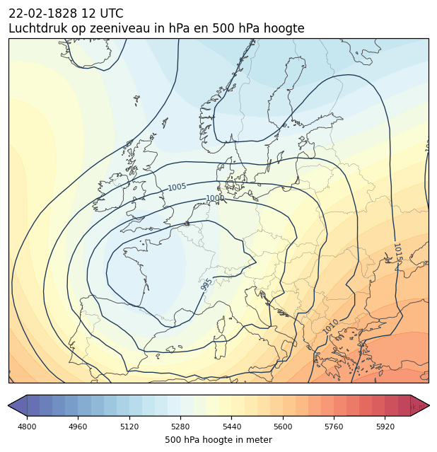 Weerkaart van 22 februari 1828 om 12 UTC