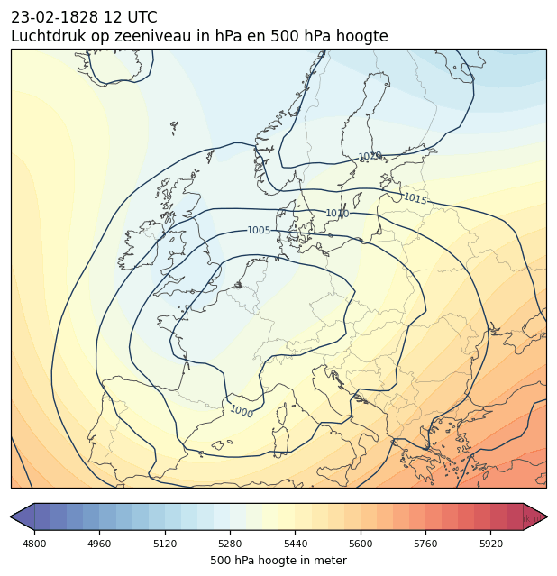 Weerkaart van 23 februari 1828 om 12 UTC