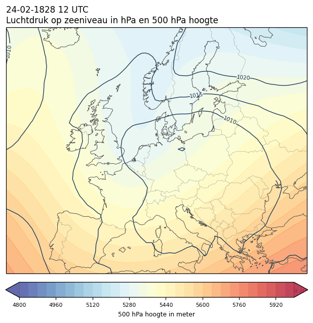 Weerkaart van 24 februari 1828 om 12 UTC