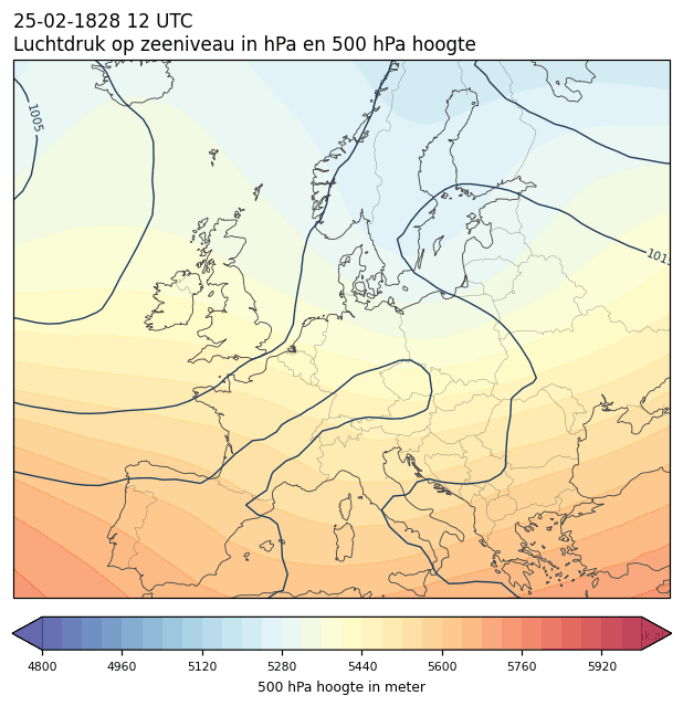 Weerkaart van 25 februari 1828 om 12 UTC