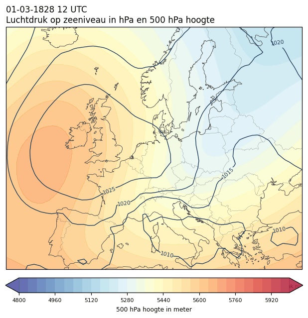 Weerkaart van 1 maart 1828 om 12 UTC