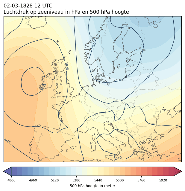 Weerkaart van 2 maart 1828 om 12 UTC