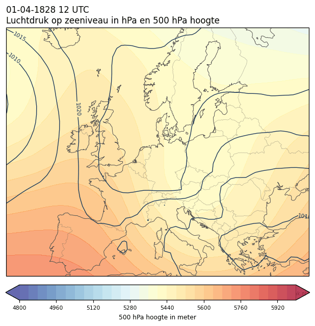 Weerkaart van 1 april 1828 om 12 UTC