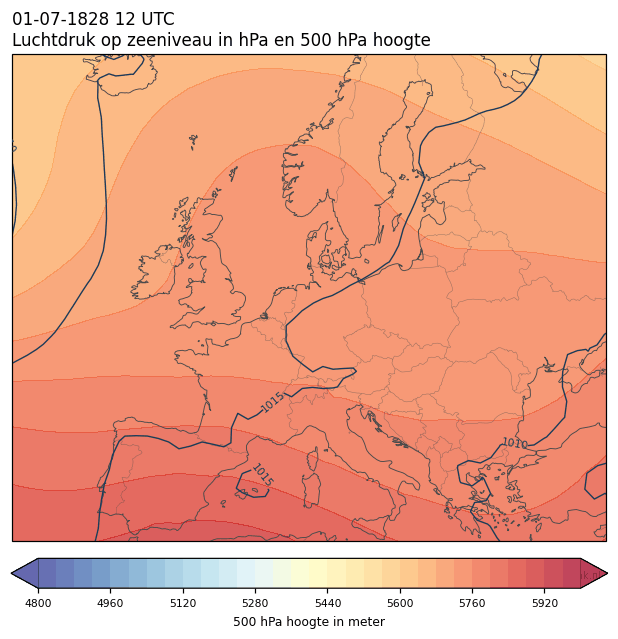 Weerkaart van 1 juli 1828 om 12 UTC