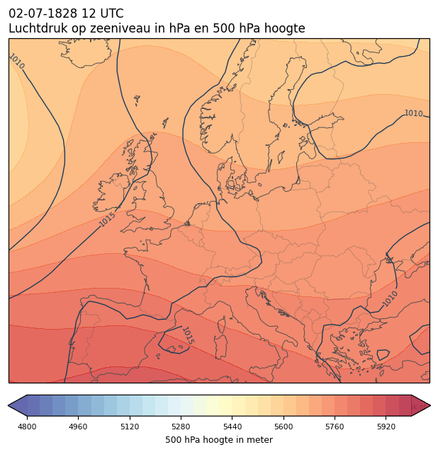 Weerkaart van 2 juli 1828 om 12 UTC