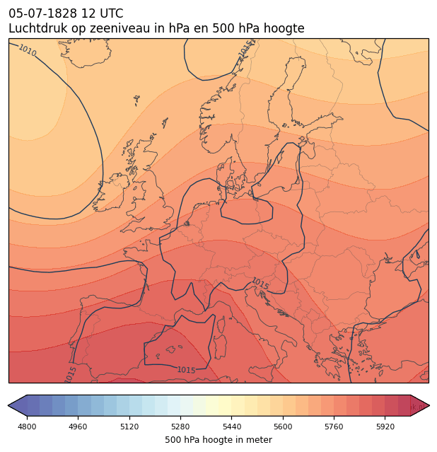 Weerkaart van 5 juli 1828 om 12 UTC