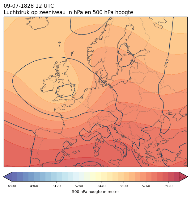 Weerkaart van 9 juli 1828 om 12 UTC