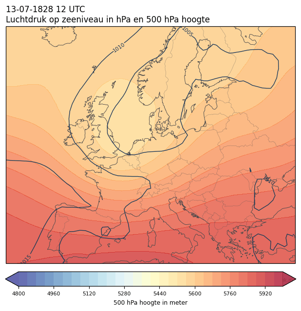 Weerkaart van 13 juli 1828 om 12 UTC