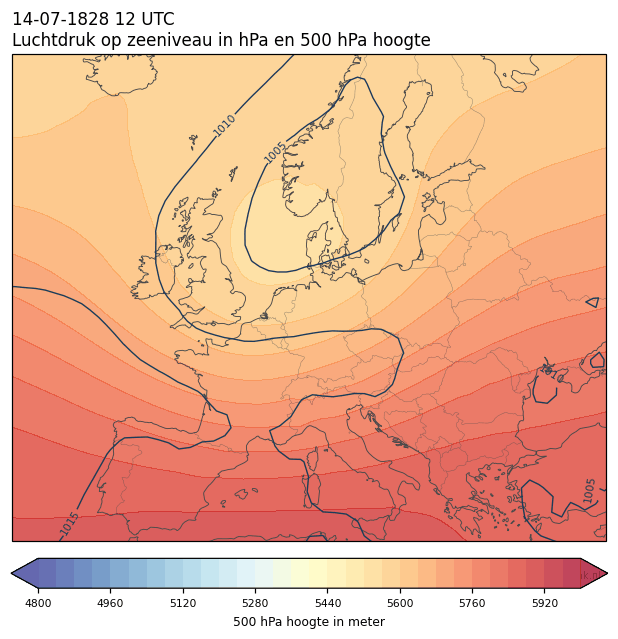 Weerkaart van 14 juli 1828 om 12 UTC