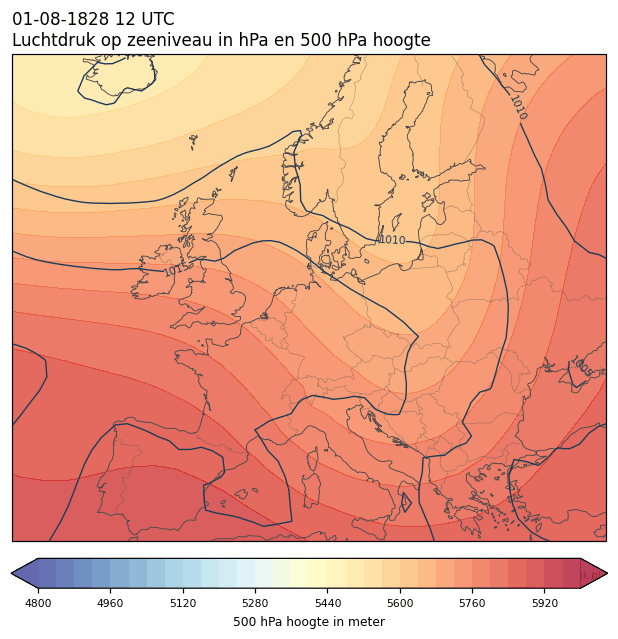Weerkaart van 1 augustus 1828 om 12 UTC