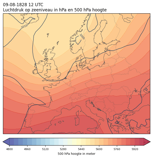 Weerkaart van 9 augustus 1828 om 12 UTC