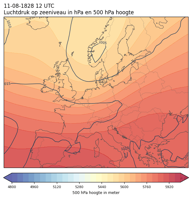 Weerkaart van 11 augustus 1828 om 12 UTC