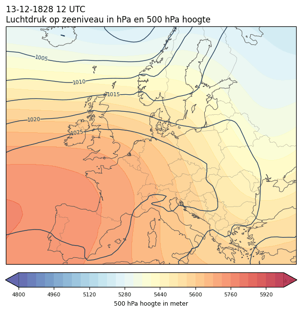 Weerkaart van 13 december 1828 om 12 UTC