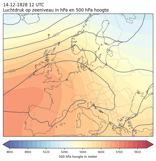 Weerkaart van 14 december 1828 om 12 UTC