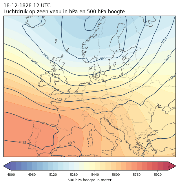 Weerkaart van 18 december 1828 om 12 UTC