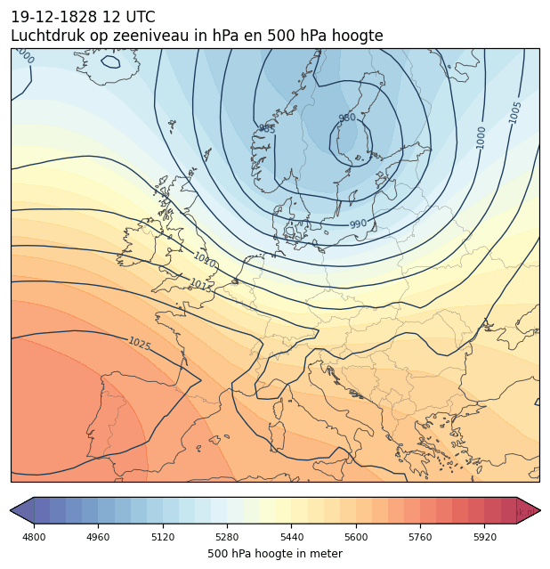 Weerkaart van 19 december 1828 om 12 UTC