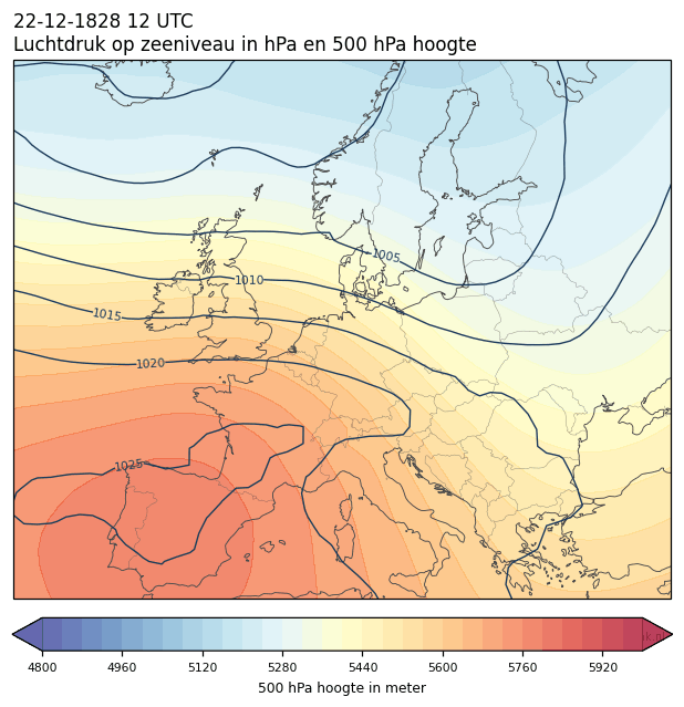 Weerkaart van 22 december 1828 om 12 UTC