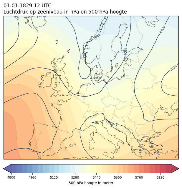Weerkaart van 1 januari 1829 om 12 UTC
