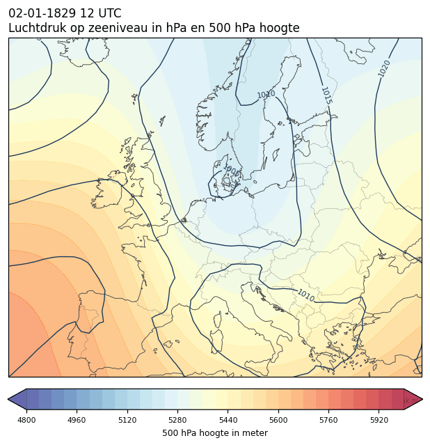 Weerkaart van 2 januari 1829 om 12 UTC