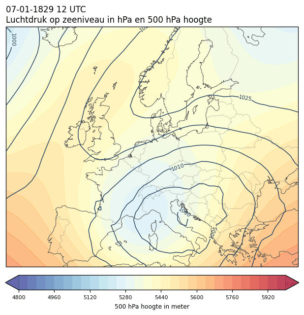 Weerkaart van 7 januari 1829 om 12 UTC
