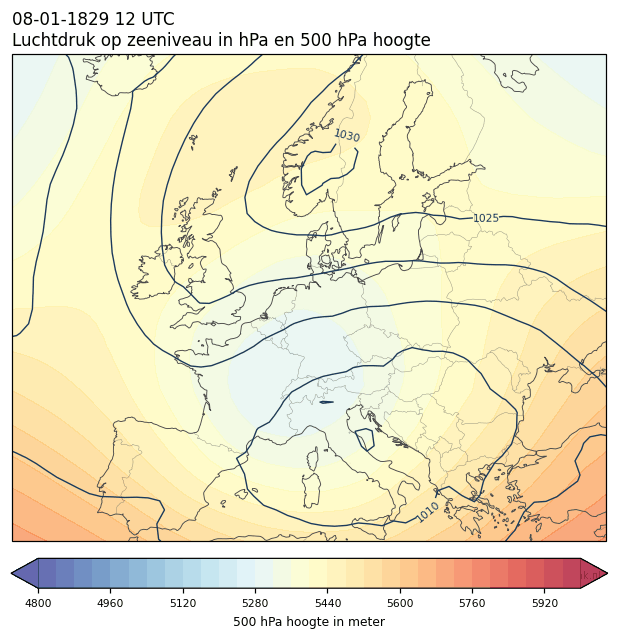 Weerkaart van 8 januari 1829 om 12 UTC