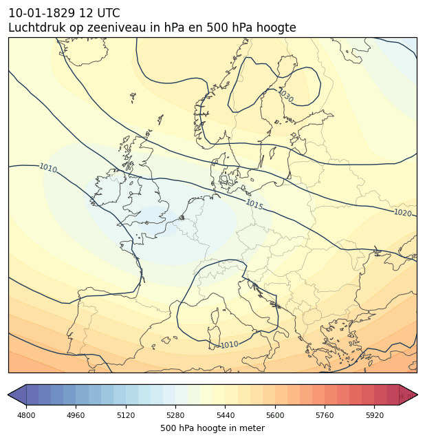 Weerkaart van 10 januari 1829 om 12 UTC