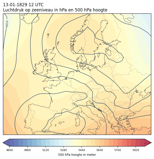Weerkaart van 13 januari 1829 om 12 UTC