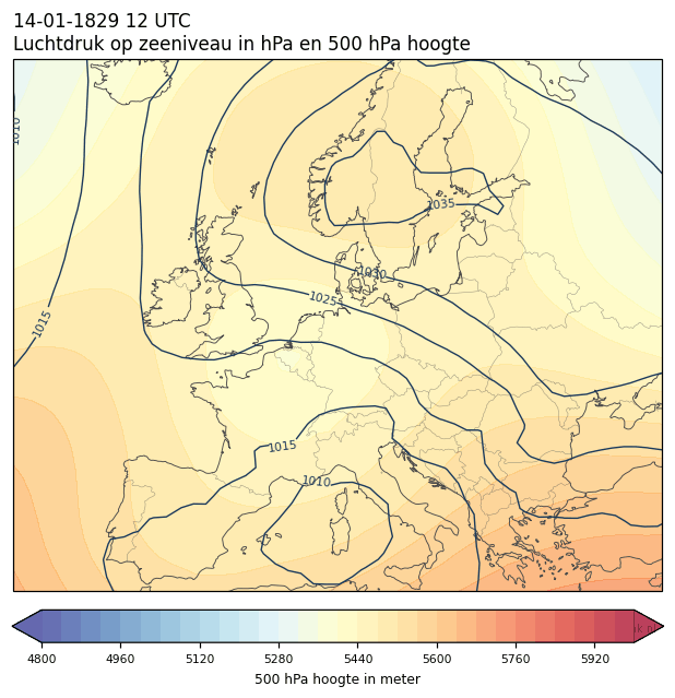 Weerkaart van 14 januari 1829 om 12 UTC