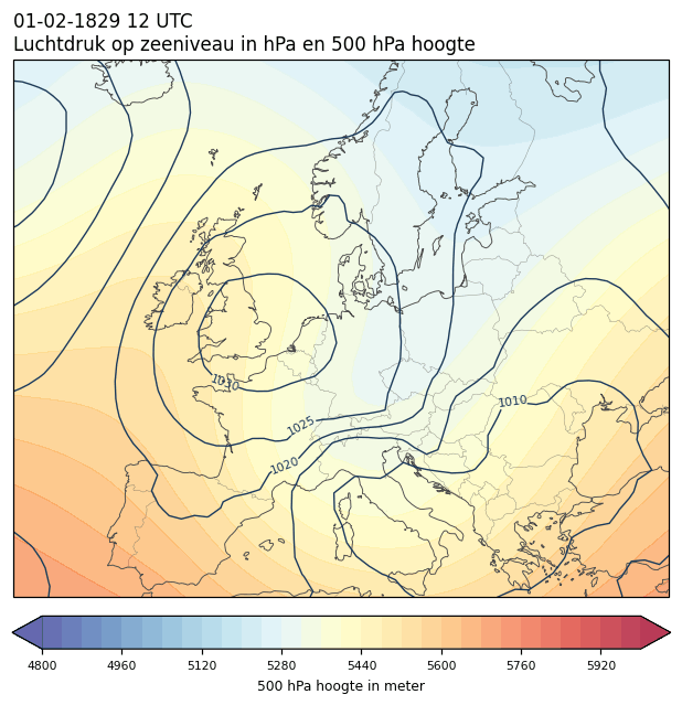 Weerkaart van 1 februari 1829 om 12 UTC