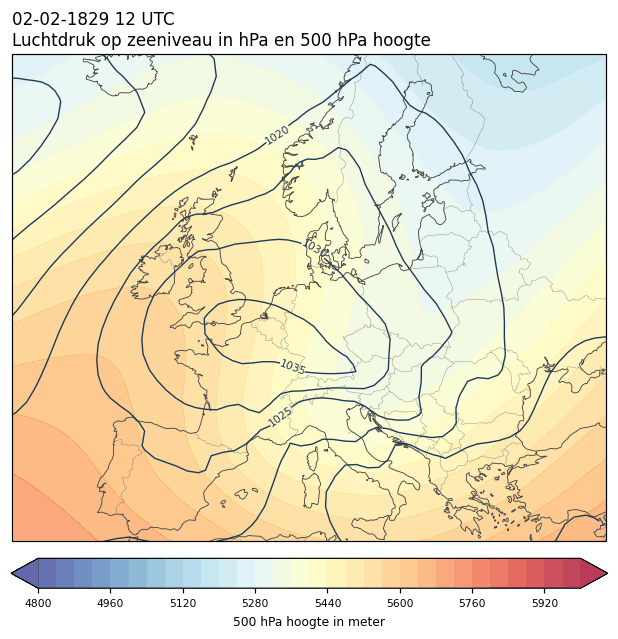 Weerkaart van 2 februari 1829 om 12 UTC
